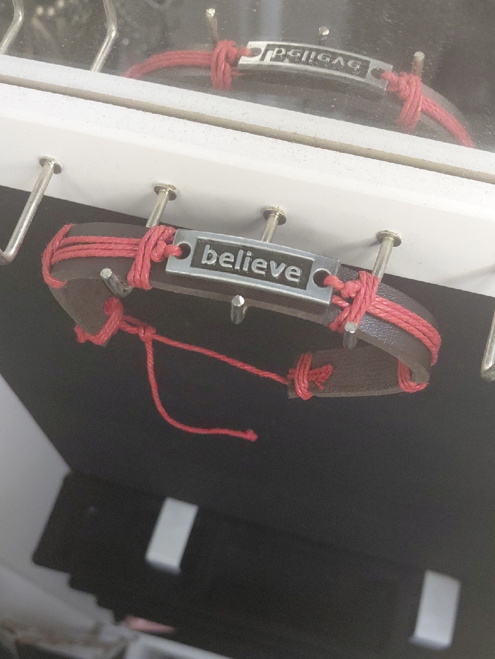 "Believe" Leather and Cord Bracelet - Red Accents